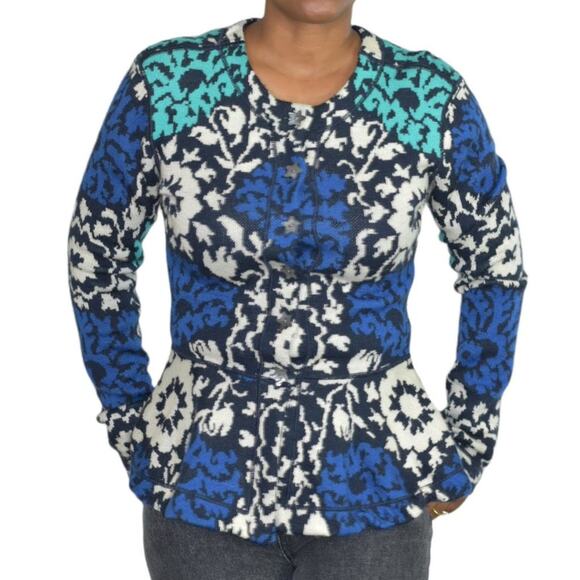 J Peterman Emmas Sweater Blue Hourglass Peplum Cardigan Green Floral Wool Small - Picture 16 of 16